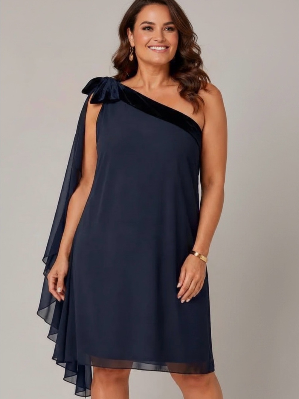 Lauren Ralph Lauren 1 Shoulder Velvet Bow Sleeveless Cascading Chiffon Dress